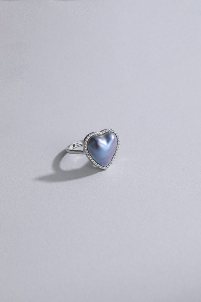 Pave‑Set Clear Quartz Halo Heart Saltwater Mabe Pearl Ring