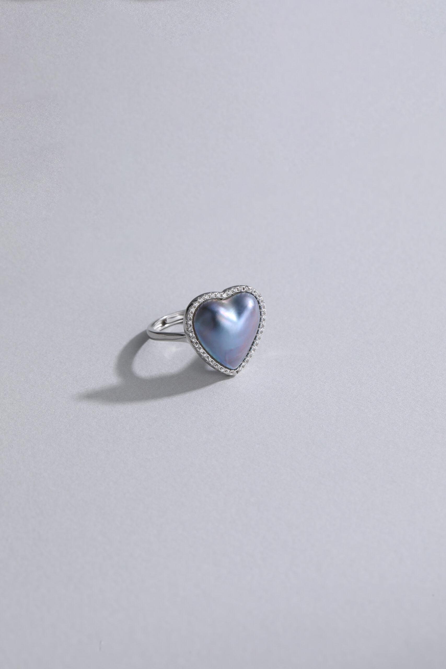 Pave‑Set Clear Quartz Halo Heart Saltwater Mabe Pearl Ring