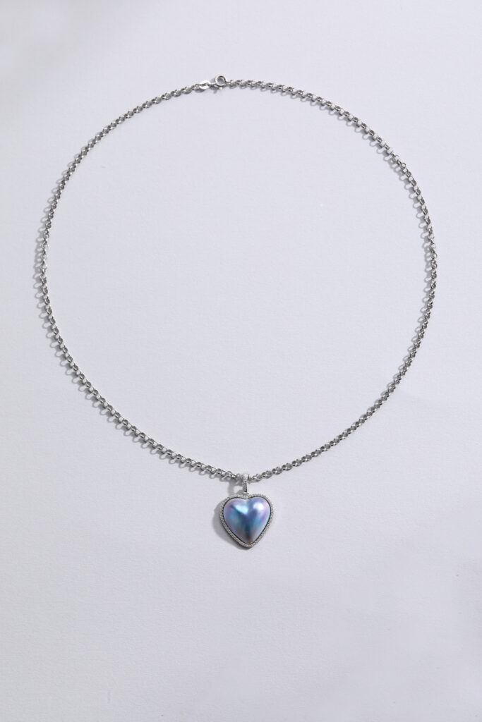 Pave‑Set Clear Quartz Halo Heart Saltwater Mabe Pearl Necklace