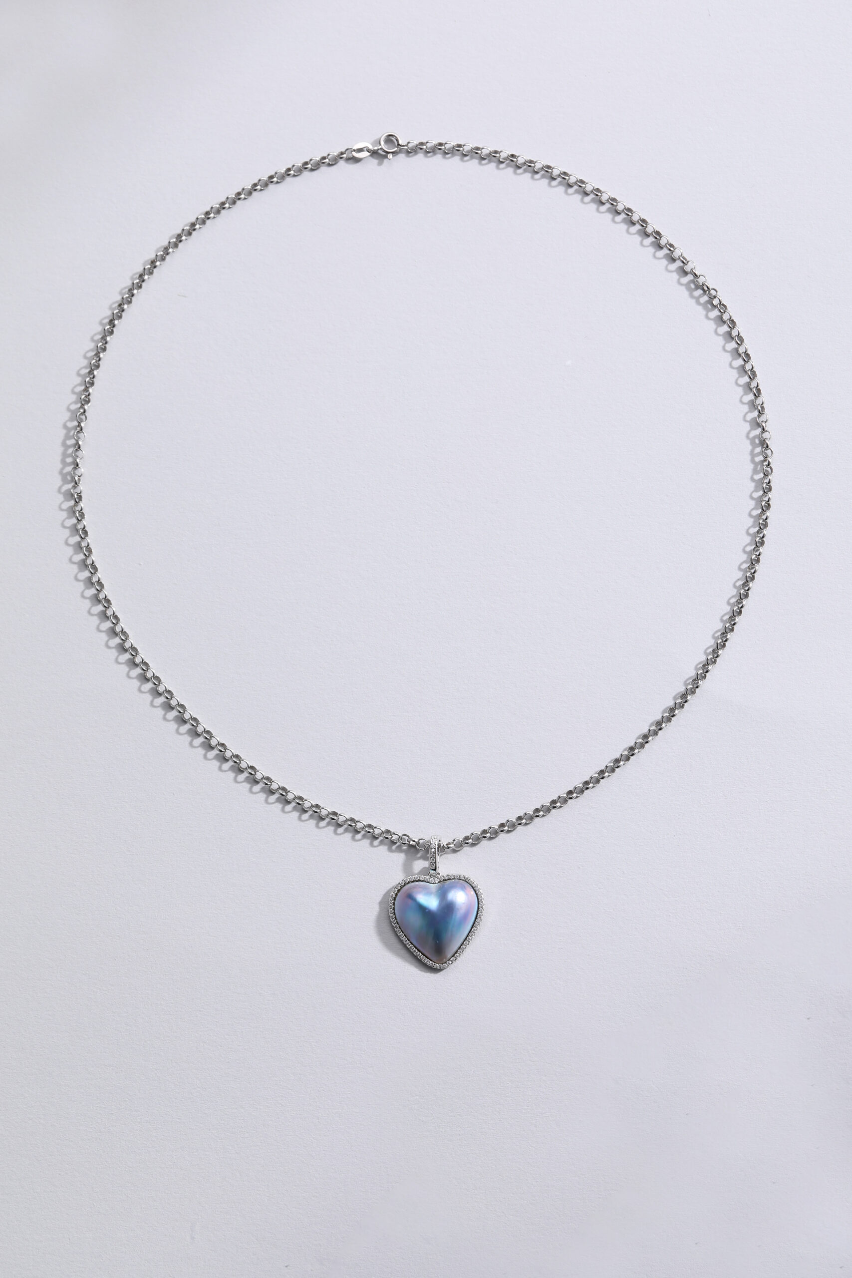 Pave‑Set Clear Quartz Halo Heart Saltwater Mabe Pearl Necklace
