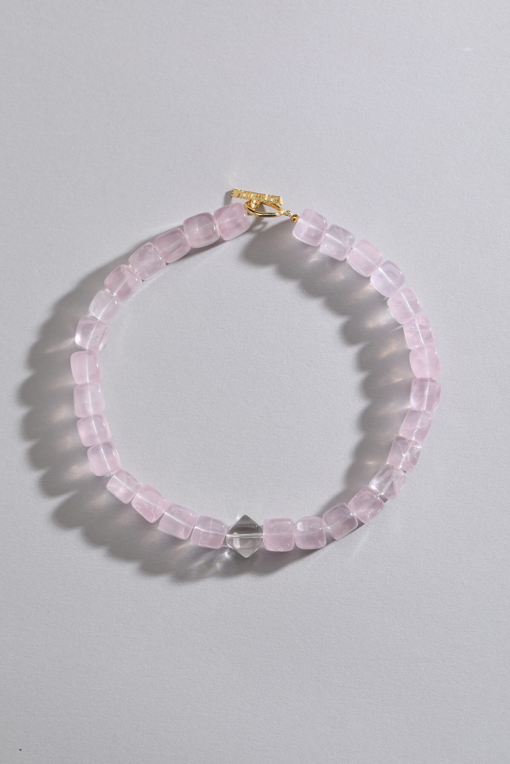Rose Quartz Cube & Clear Quartz Diamond Cut Bead Necklace