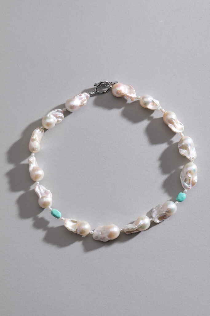 Organic Shape Baroque Pearl with Raw Turquoise Beads Necklace 1 Organic Shape Baroque Pearl with Raw Turquoise Beads Necklace