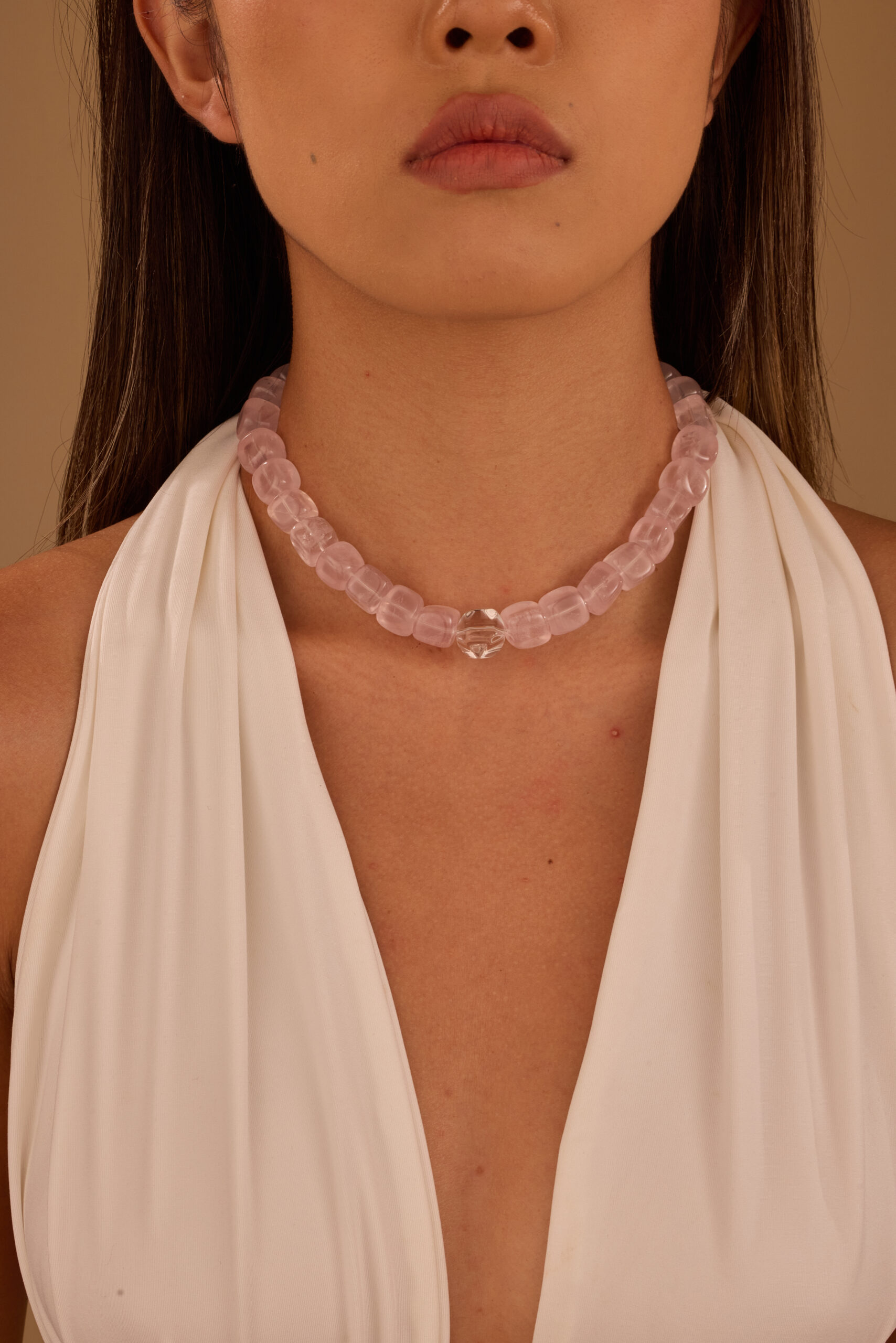 Rose Quartz Cube & Clear Quartz Diamond Cut Bead Necklace