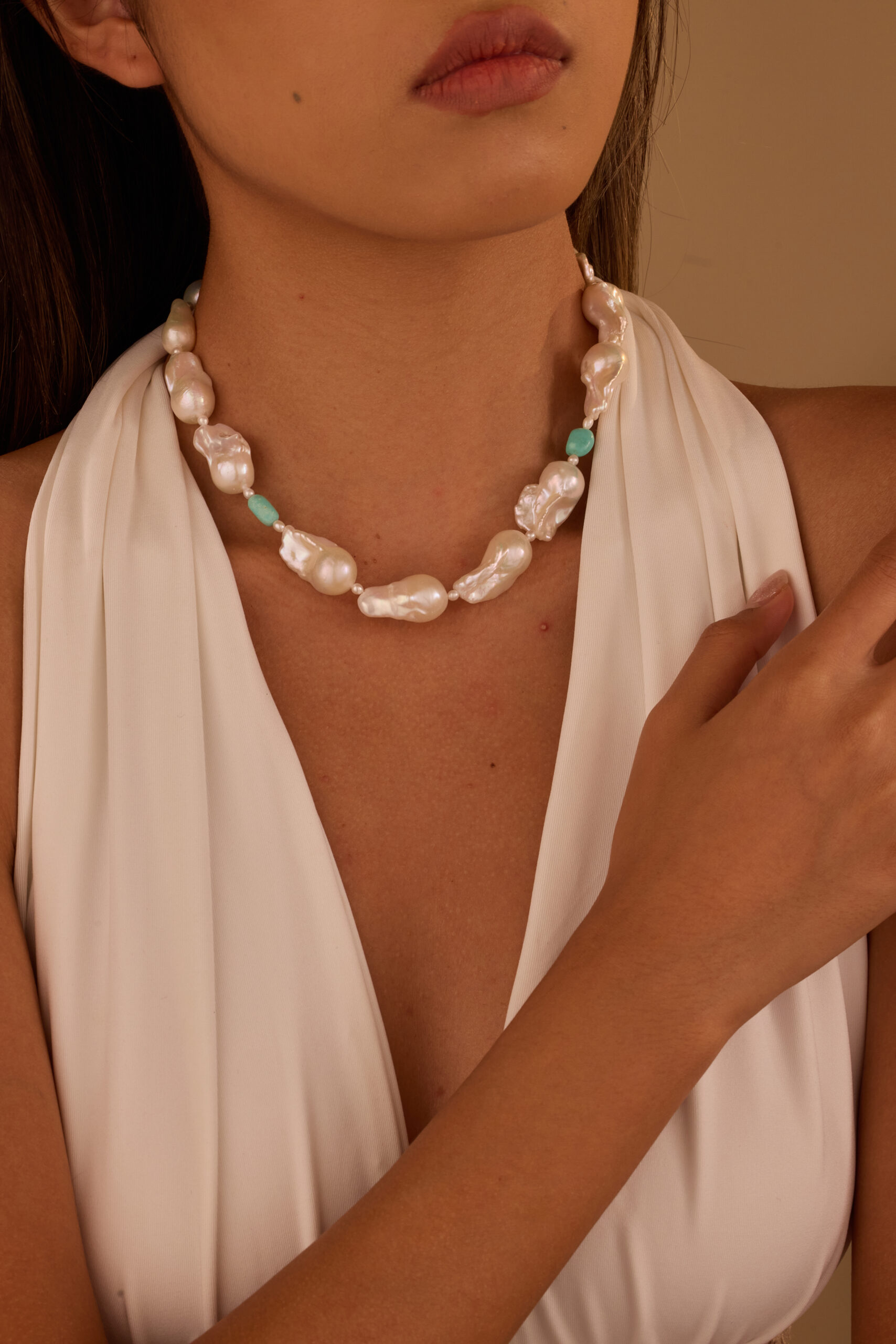 Organic Shape Baroque Pearl with Raw Turquoise Beads Necklace